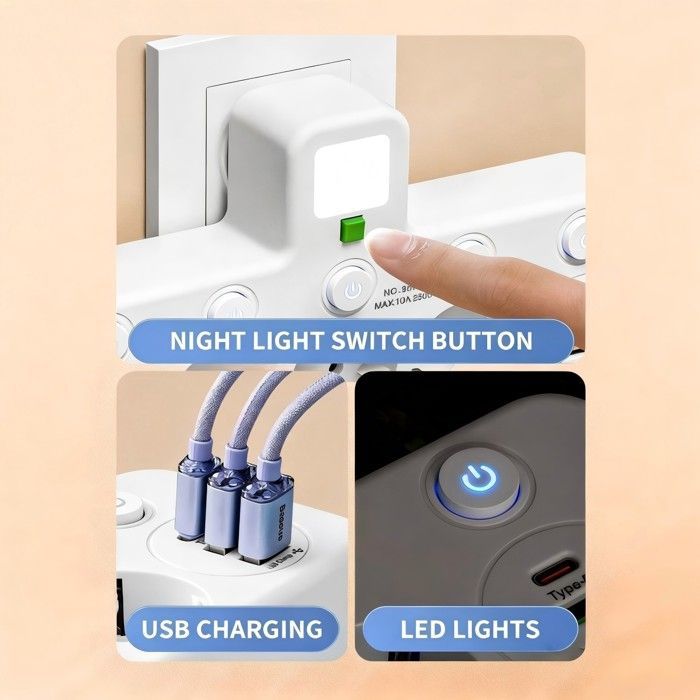 Multiprise Murale avec 4 Prises 2 USB-A 1 Type-C, Interrupteur Individuel, pour Chambre Cuisine Bureau