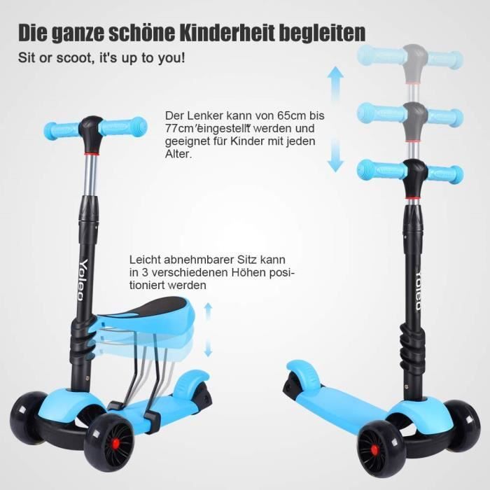 Yoleo 3-in-1 kinderstep met afneembaar zadel - Blauw - Verstelbare hoogte - LED-wielen