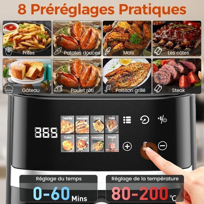 6-Liter-Heißluftfritteuse (ölfrei), 1350 W, 8 Funktionen mit Sichtfenster und LED-Touchscreen