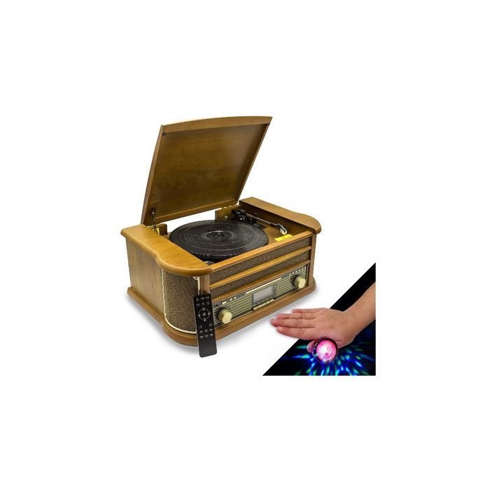 INOVALLEY RETRO29-E Sistema Hi-Fi in stile retrò con giradischi in vinile, Bluetooth, lettore CD, lettore di cassette, radio FM, USB, telecomando e anelli luminosi a LED.