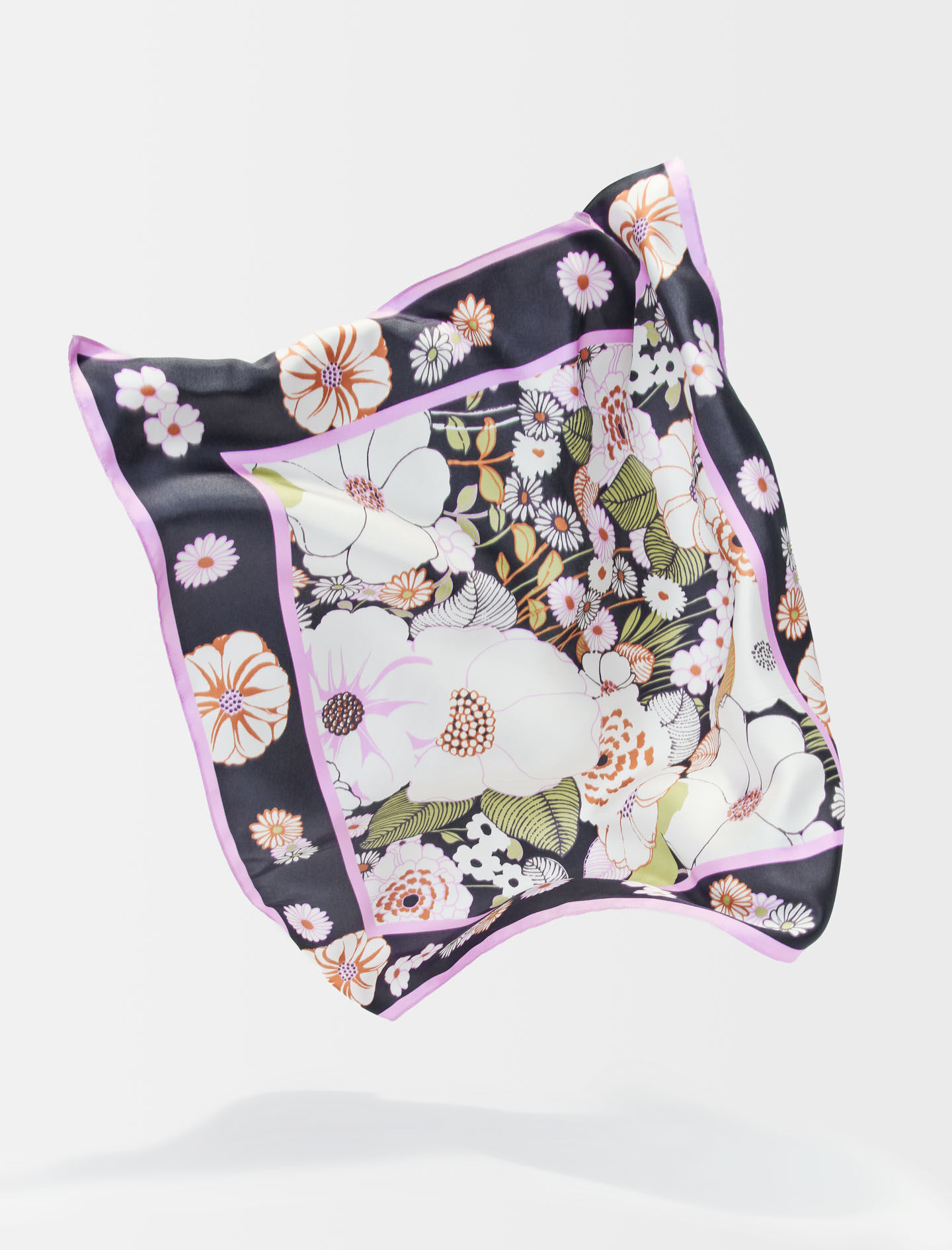 Zijden sjaal met bloemenprint - Fleur jaren 70 noir