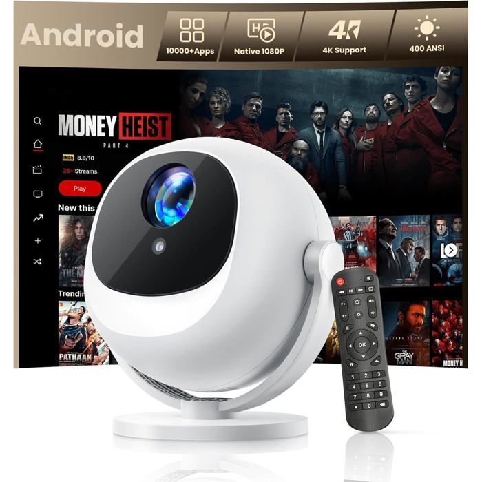 Proyector de vídeo portátil ZOKKO - Android integrado - Resolución nativa 1080p - Compatible con 4K - Brillo de 400 lúmenes ANSI