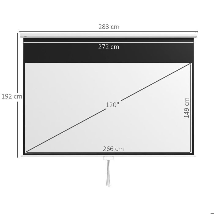 Pantalla de proyección HOMCOM de 120 pulgadas para cine en casa, formato 16:9, resolución 4K HD, montaje en pared/techo, acero, 283 x 8 x 192 cm, color blanco.