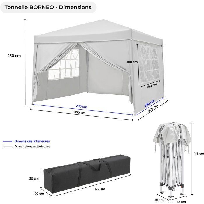 Tonnelle de jardin pliante - BORNEO - Cadre blanc et toile écru - 4 parois - Sac de transport - 3 x 3 m