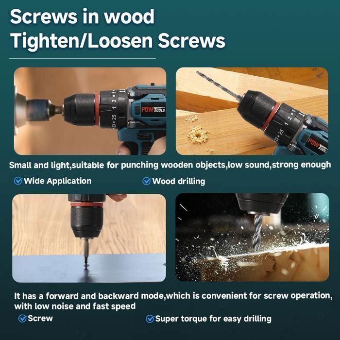 Taladro atornillador inalámbrico de 21 V - POWTOOLS - 2 baterías de 1500 mAh - 118 accesorios - 25+3 modos - 2 velocidades