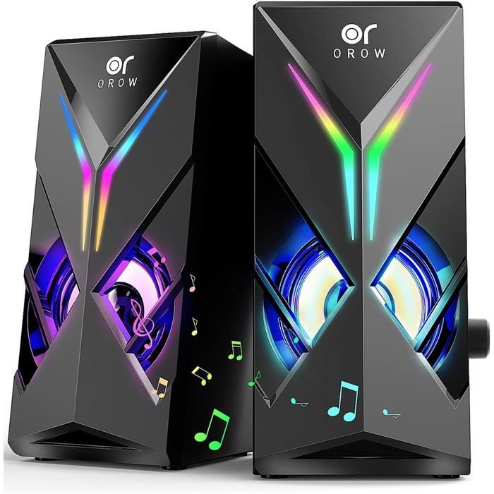 Orow Haut Parleur Pc,10W Rgb Enceinte Pc, 2.0 Gaming Haut-Parleurs D'Ordinateur Avec Led Lumière, Pour Smartphone/Tablette/Laptop(