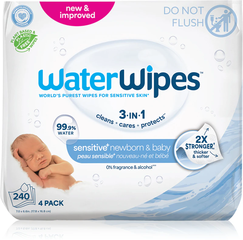 Lenços umedecidos WaterWipes para bebês, pacote com 4 unidades, lenços umedecidos suaves para bebês.