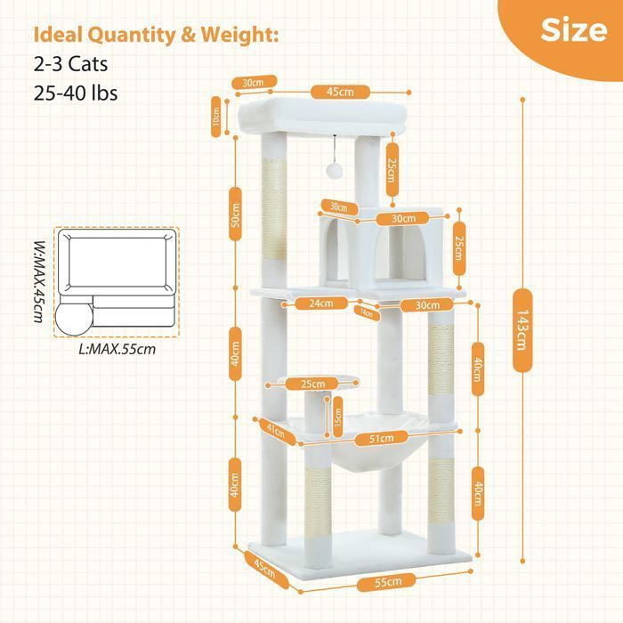 PAWZ Road Arbre à chat Design Spacieux Grande Hamac Dur Stable Avec hamac et belle maison pour chat - Blanc - 143 cm