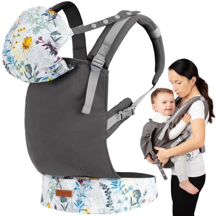 MoMi COLLET – Portabebés ergonómico y fisiológico – Para llevar al bebé delante o a la espalda – Ajustable – Hasta 15 kg – Estampado floral
