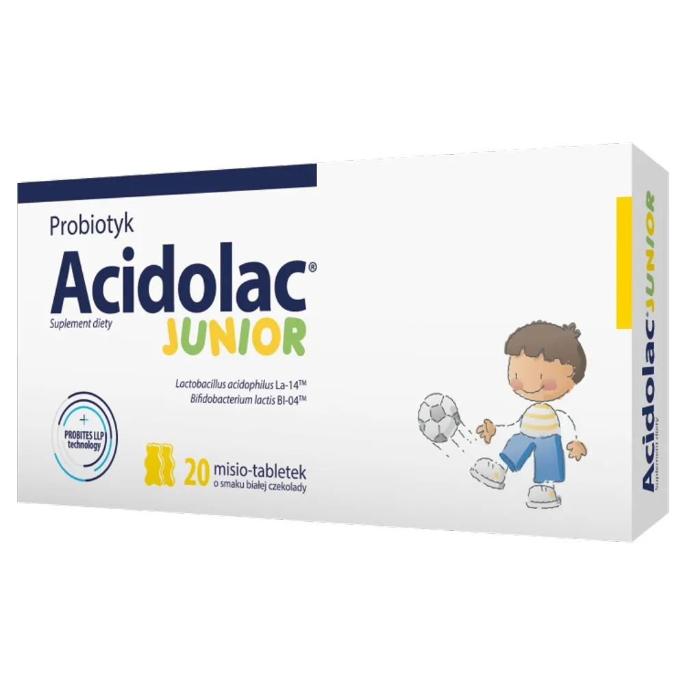 Acidolac Junior, Probiotyk dla dzieci, Misio-tabletki o smaku białej czekolady
