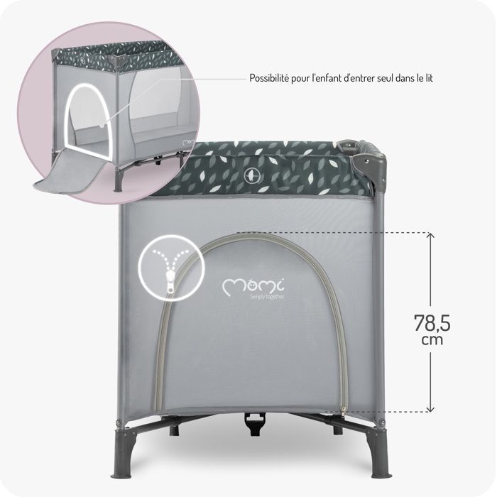 MoMi BELOVE – Lit Parapluie Bébé Pliant – Matelas + Sac de Transport – Accès Latéral – 2 Roulettes – Gris