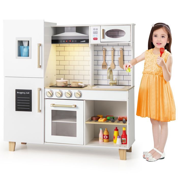 Cuisine Enfants COSTWAY en Bois avec Lumières et Sons, Machine à Glaçons, Hotte, Tableau Noir, Barbecue, 92 x 30 x 98 cm Blanc