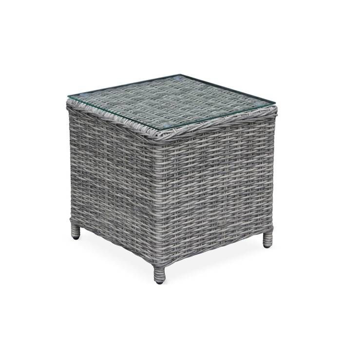 Conjunto de 2 sillones reclinables de resina tejida redondeada con reposapiés y mesa de centro - Gris Barletta - Aspecto de ratán. Cojines.