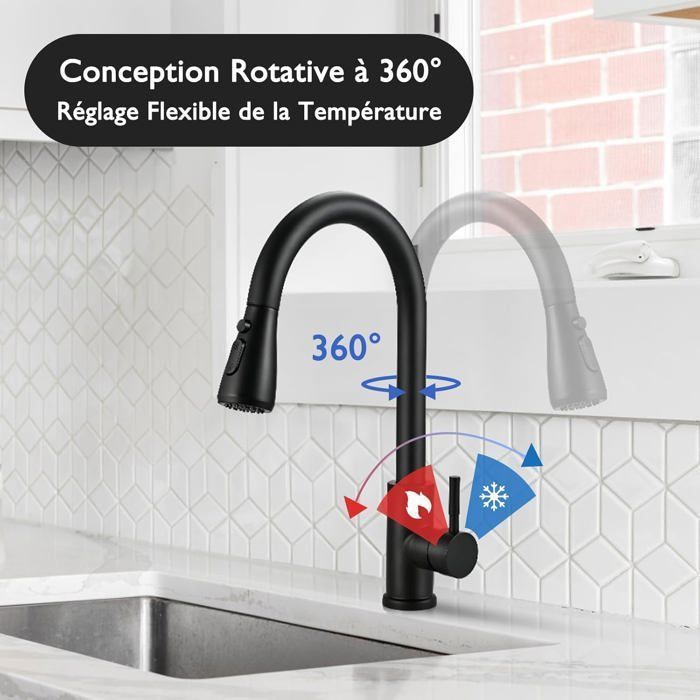 Grifo de cocina negro, con cabezal rociador extraíble y caño giratorio de 360°. Control único para agua fría y caliente.