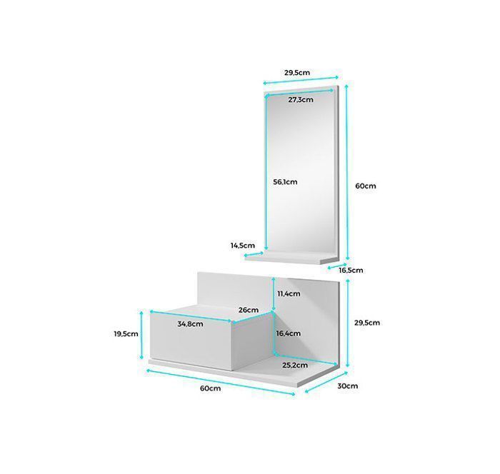 Halmeubel | 1 lade met spiegel | Halconsole | Matwitte afwerking | B 60 x D 30 x H 85,5 cm | Model