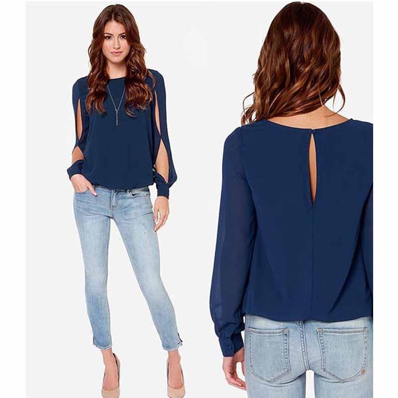 Chemisier d'automne pour femme, col rond, manches longues, en mousseline, couleur unie, style décontracté, haut féminin ajouré, grandes tailles, idéal pour le bureau