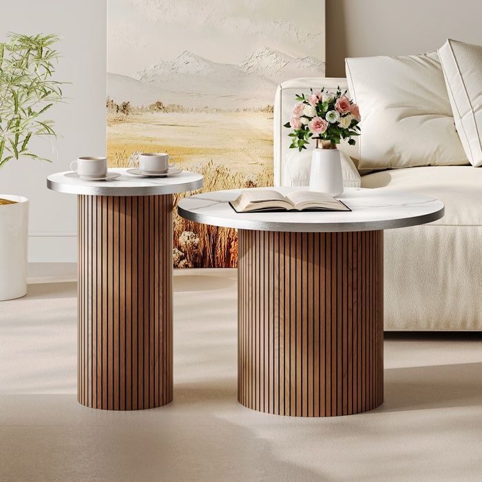 Round Coffee Table Set of 2 Marble Veneer Side Table Modern Minimalist Style 50x35+32x48cm Walnut