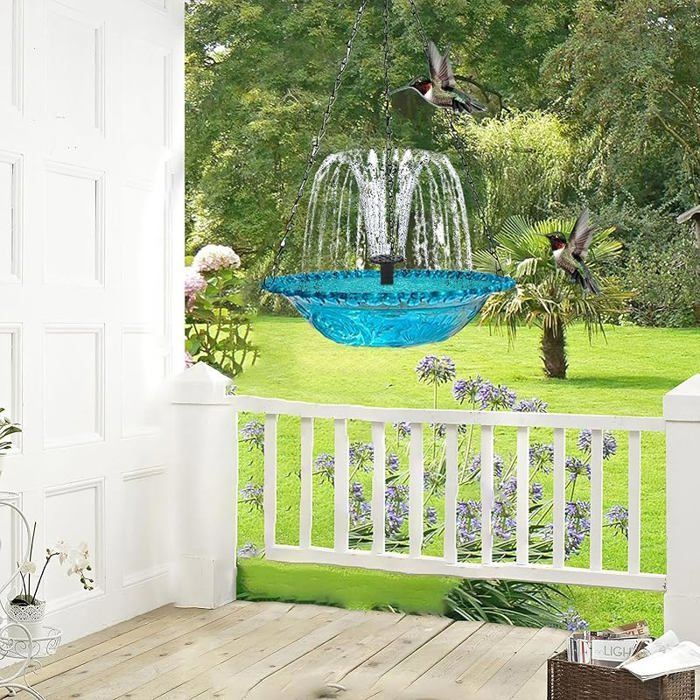 Fuente solar colgante para pájaros – Comedero decorativo para pájaros para jardín, balcón y terraza – Incluye bebedero para colibríes y caja nido azul.