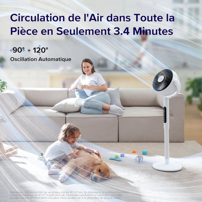 Ventilatore a piantana, 20 dB, silenzioso, potente, 2465 m³/h, flusso d'aria 7,5 m/s, con telecomando, oscillazione 90°+120°, 4 modalità, 12 velocità