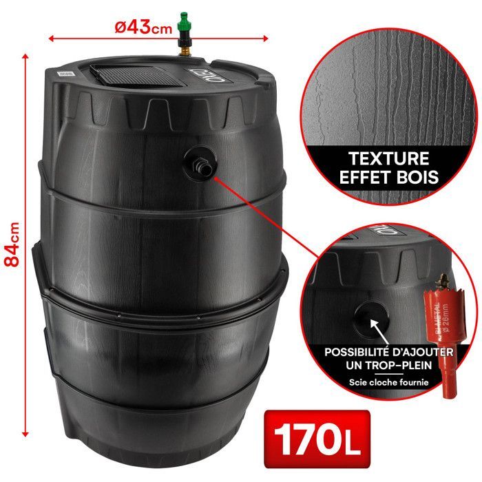 Tanque semirrígido para la recolección de agua de lluvia - 170 L - Cilindro resistente a las heladas - Manguera - Kit de perforación - Rebosadero