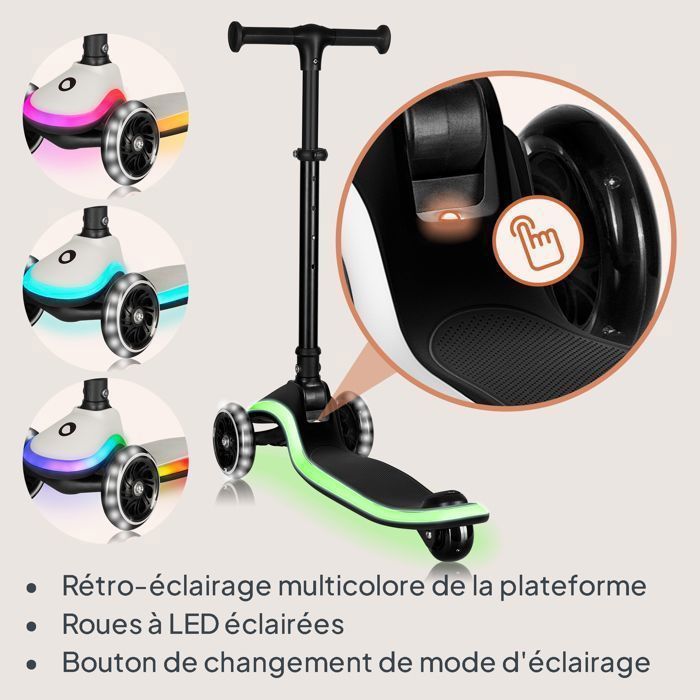 Trottinette enfant LIONELO Mey - 3 Roues éclairées - Pliable - Hauteur réglable - Noir