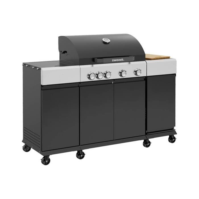 Barbecue a gas MAXIM a 4 bruciatori + 1 fornello laterale, cucina da esterno con ruote, ripiani e termometro.