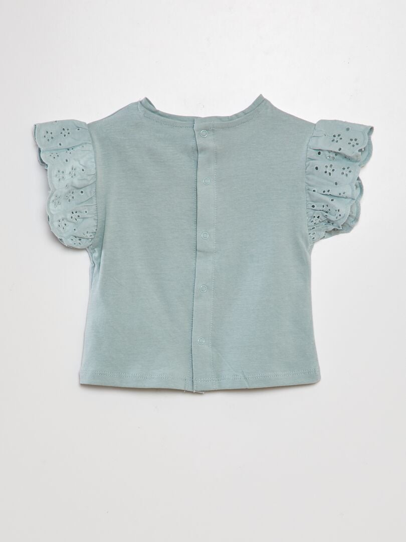 T-shirt met mouwen en Engelse borduursteek - BLAUW
