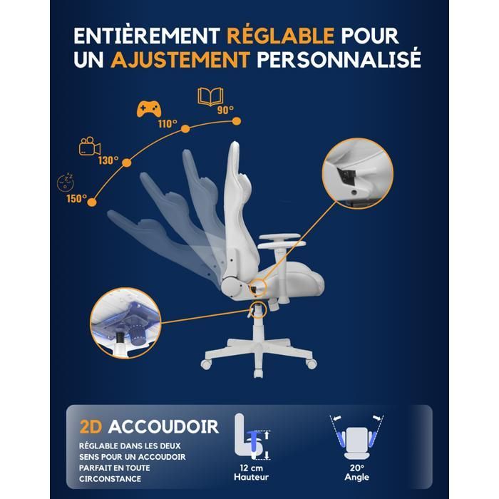 Chaise Gaming Blanc Ranqer Felix - Fauteuil Gamer Ergonomique - Similicuir Haute Qualité - Dossier Inclinable et Coussins Lombaires
