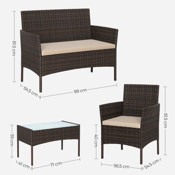 SONGMICS Salon de Jardin Extérieur,Surface Tressée en PE, Table et Chaises, pour Terrasse, Jardin, Balcon, Marron et Taupe GGF004K05