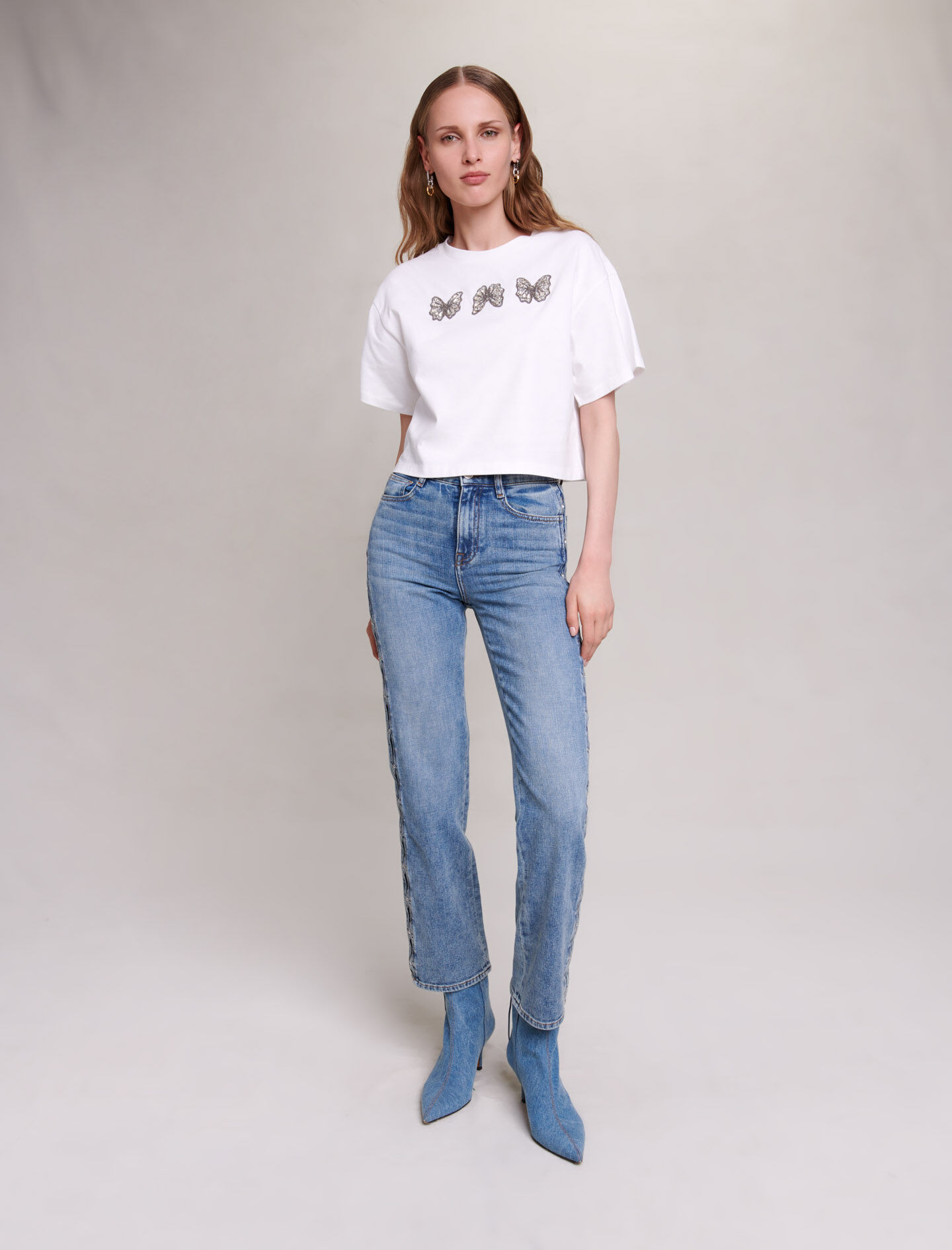 Kort T-shirt met vlinders en strass-steentjes - Wit