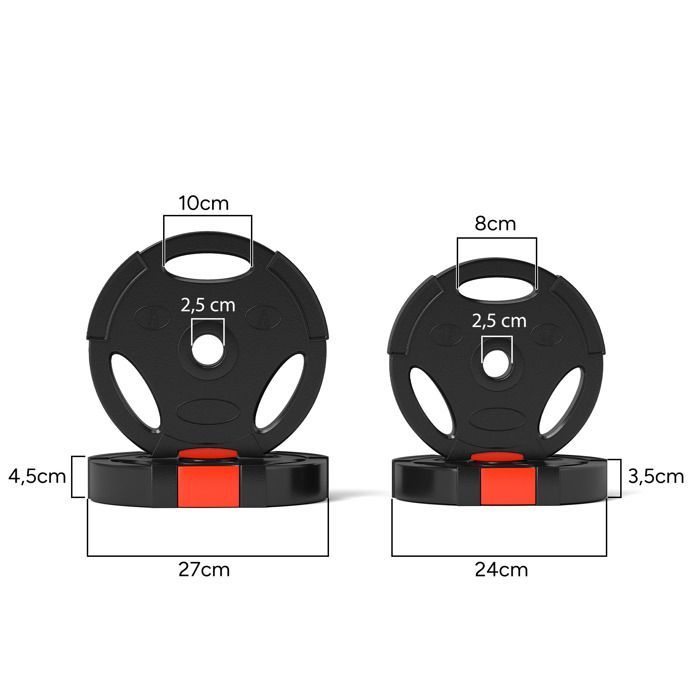 Disques de poids - SPORTNOW - 2 x 5 kg et 2 x 2,5 kg - trois poignées avec trous de Ø 25 mm - couverture en polypropylène - noir