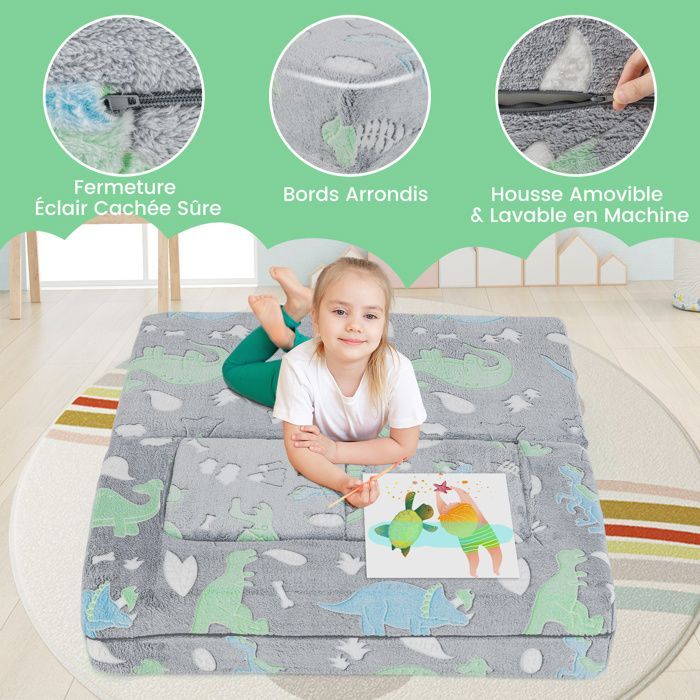 COSTWAY Canapé Modulaire Phosphorescent pour 2 Enfants Pliable 3 en 1, Housse en Flanelle Amovible 100 x 50,5 x 40 cm, Gris