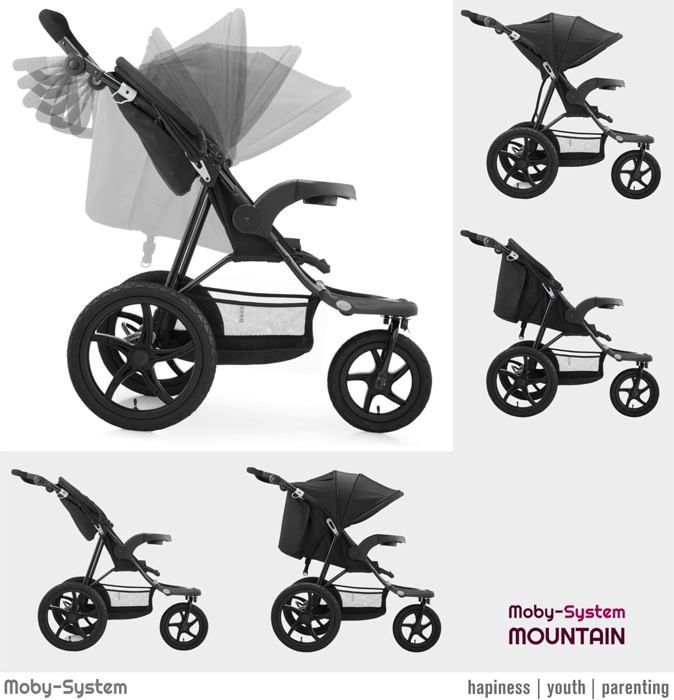 Moby-System Poussette 3 Roues, Pliable jusqu'à 15 kg, Tourne Facilement, Bandes Réfléchissantes, Ceinture à 5 Points- Noir
