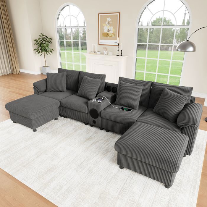 Modulares Ecksofa aus grauem Cord mit Bluetooth-Lautsprecher und Konsole, 6-Sitzer-Sofa mit USB-Anschluss und Kissen, Grau