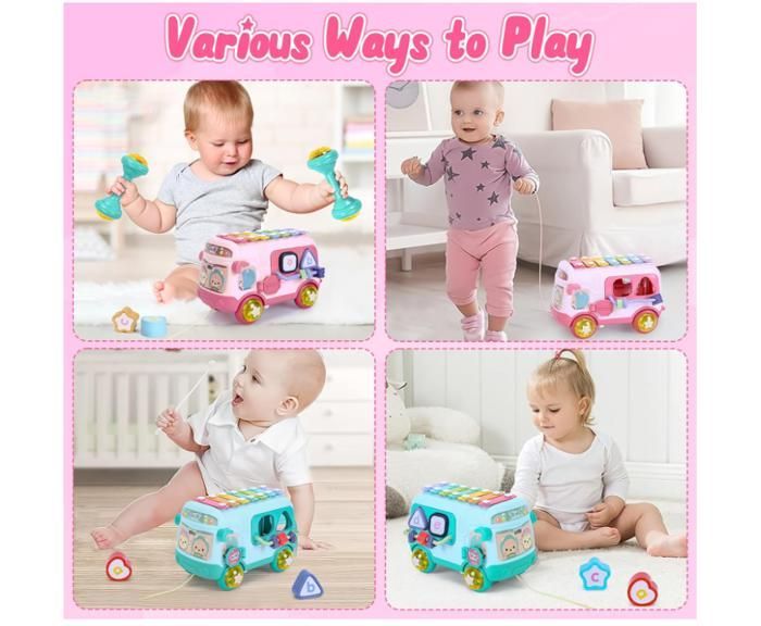Musical toys for babies aged 12 to 18 months, for 1-year-old girls, sensory toys with bus, xylophone, shape sorter, toys for 12-18 year olds