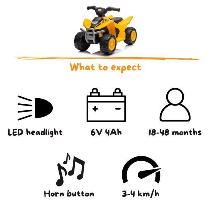 Quad elettrico CATERPILLAR 6V - Giallo - Età 1-3 anni - Prodotto con licenza ufficiale CAT - Luci a LED - 25 kg