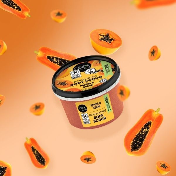 „Organic Shop“ atnaujinamasis kūno šveitiklis „Papaya & Sugar“, 250 ml