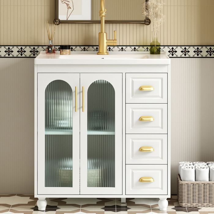 Móvel de banheiro individual com gabinete de base de 80 cm e cuba de cerâmica, branco