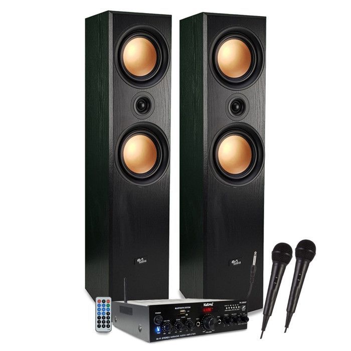 Sistema de altavoces de pie Hi-Fi/Cine en casa de 1000 W PMPO, altavoces EA-800-PG, amplificador estéreo de 100 W, USB, MP3, SD, Bluetooth, FM, 2 micrófonos de karaoke