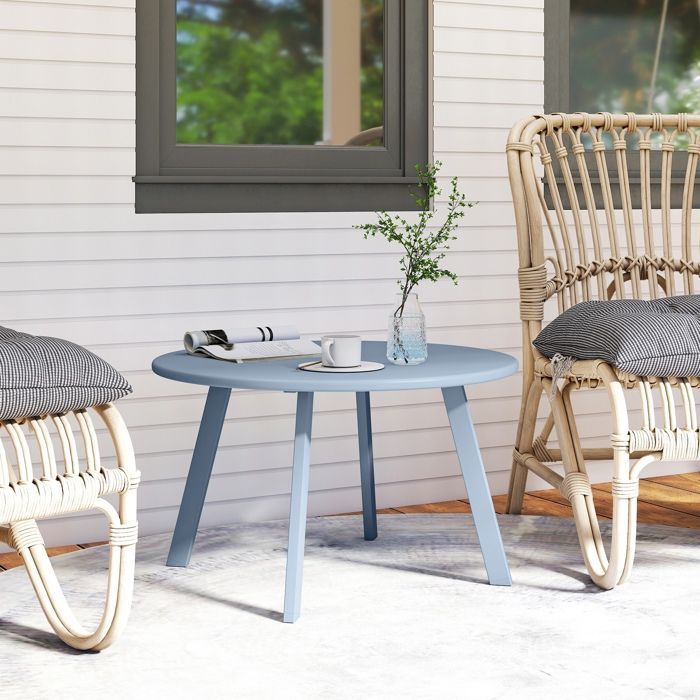 Mesa auxiliar pequeña - Outsunny - redonda - con patas antideslizantes - estructura metálica - para jardín o patio - Ø 70 x 42 cm - azul