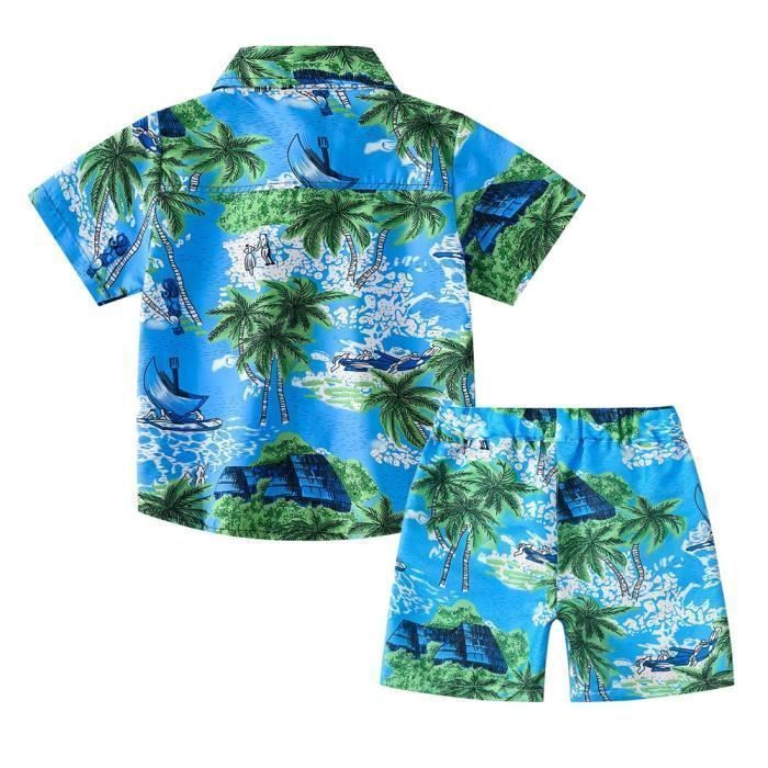 Conjunto de camisa hawaiana de manga corta y pantalones cortos de playa con cintura elástica, conjunto de verano de 2 piezas para niños - Verde