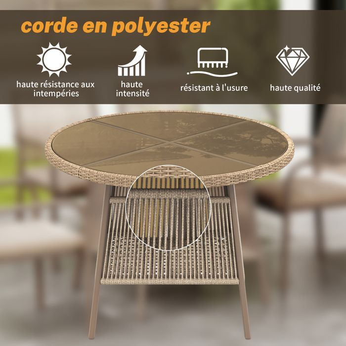 Modern rattan garden set – Round glass table + 4 armchairs, iron frame, for patio or balcony – BROWN