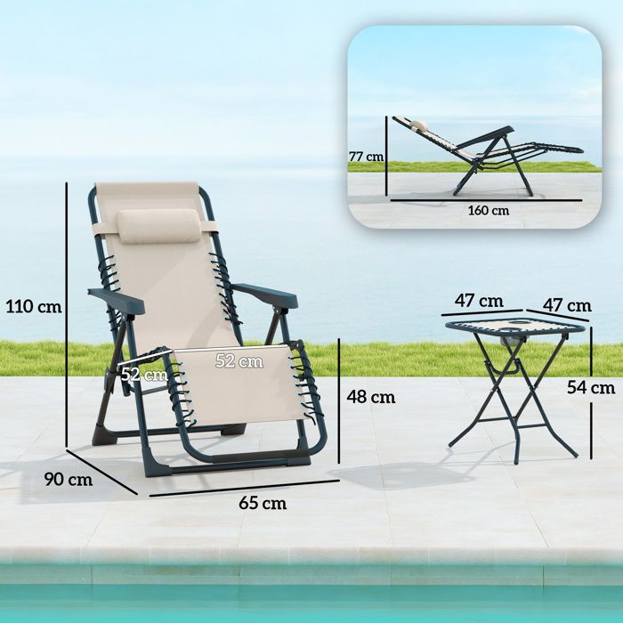 Lot de 2 chaise longue pliable et inclinable avec table d'appoint - Outsunny - porte-gobelets et appuie-têtes - charge 120kg - beige