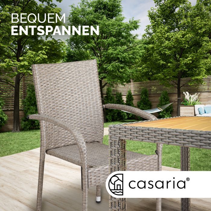 CASARIA® Juego de 4 sillas de jardín apilables de ratán sintético color crema con reposabrazos redondeados, sillas de exterior para patio o balcón.
