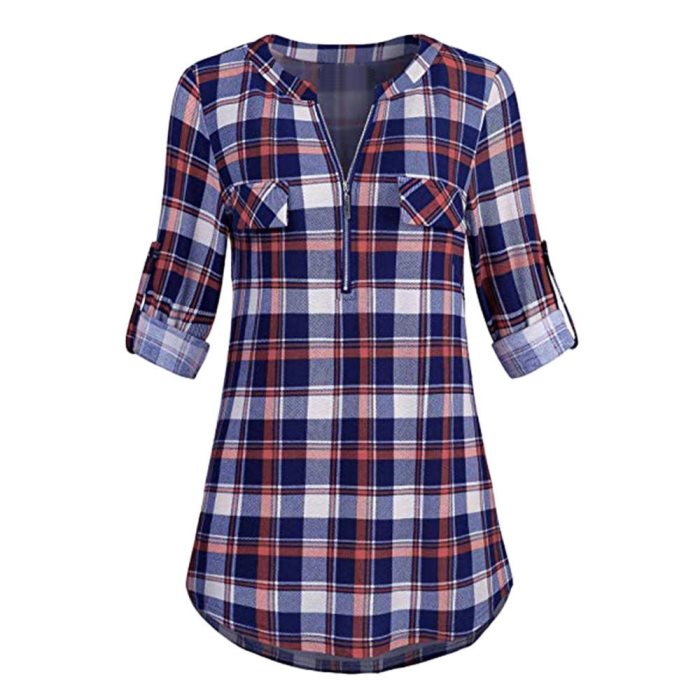 Top e camicette da donna Harajuku casual con maniche arrotolate, scollo a V con zip, camicia a quadri stampata, tunica, camicetta taglie forti 0