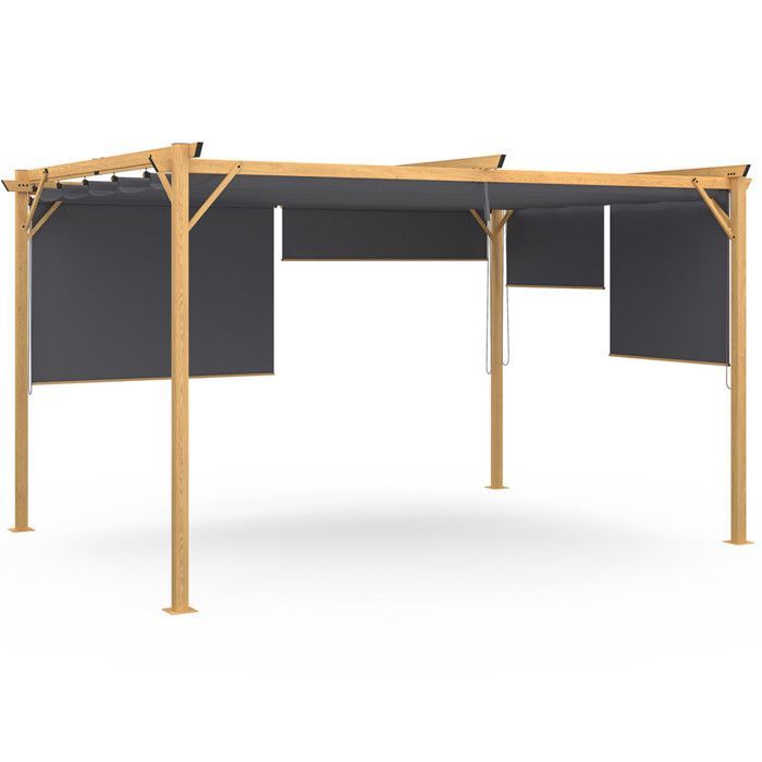 IDMARKET Pérgola edición exclusiva con techo retráctil efecto madera de 3x4 m y 4 persianas gris antracita.