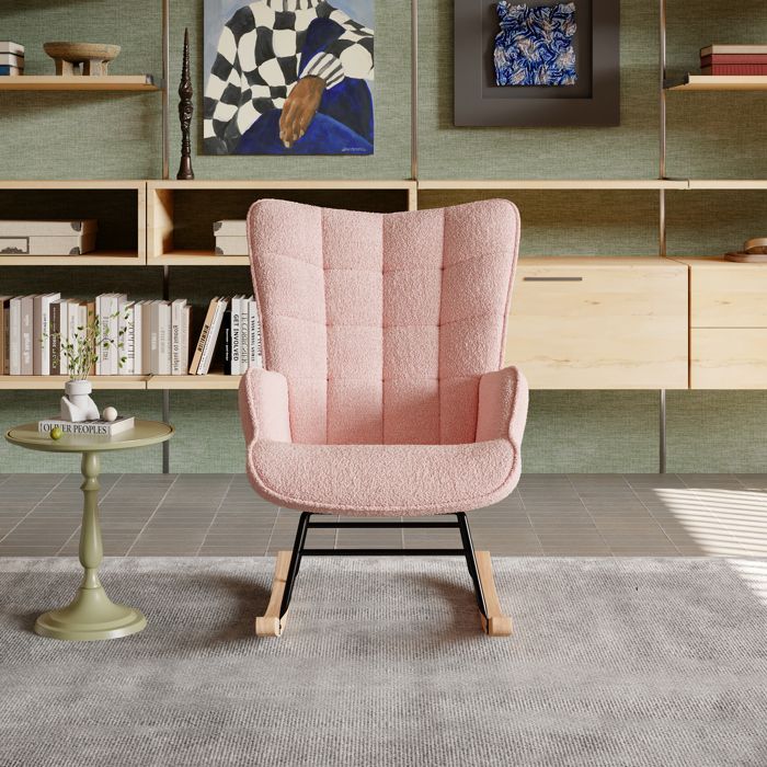 Sedia a dondolo imbottita, sedia a dondolo per allattamento, tessuto in velluto effetto orsetto, supporta fino a 120 kg, stile elegante, rosa