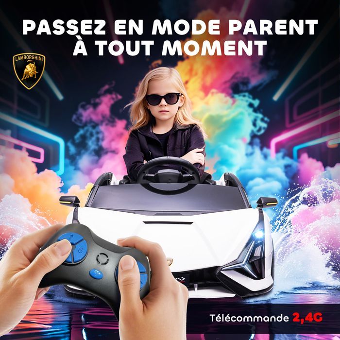 Auto elettrica per bambini - HOMCOM - Lamborghini Sian 12V con telecomando 2.4G, effetti sonori e LED - ABS - Bianca