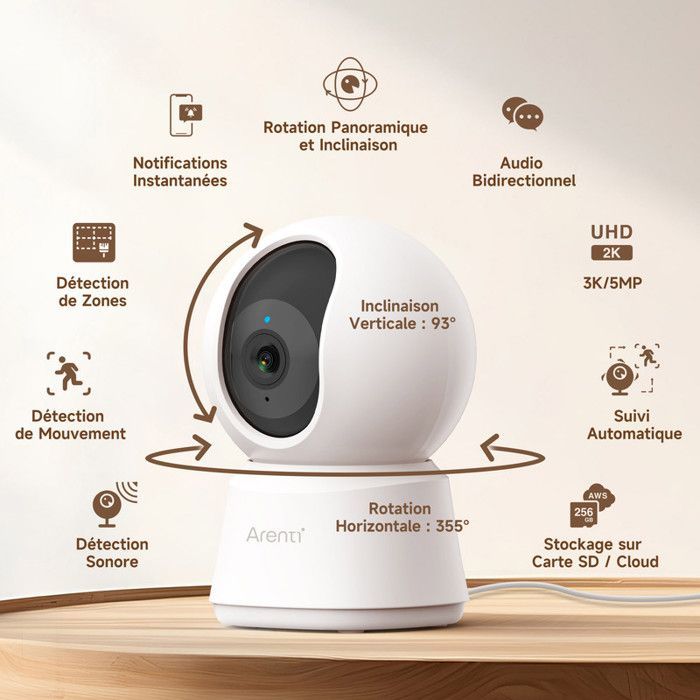 ARENTI 3K/5MP Caméra Surveillance WiFi Intérieur, 2,4GHz/5GHz Caméras WiFi, Vision Nocturne, 355° Caméra Maison, Suivi Automatique