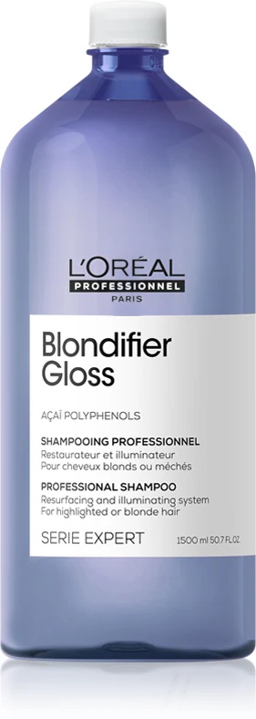 „L'Oréal Professionnel Serie Expert Blondifier“ skaistinamasis ir regeneruojamasis šampūnas šviesintiems plaukams su šaltais šviesiais sruogelėmis.